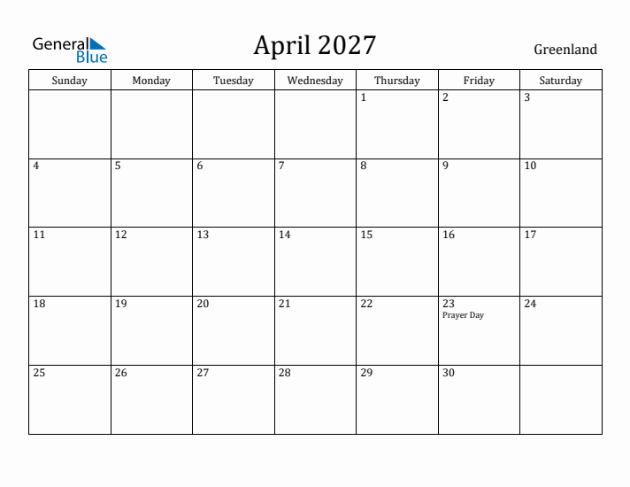 April 2027 Calendar Greenland