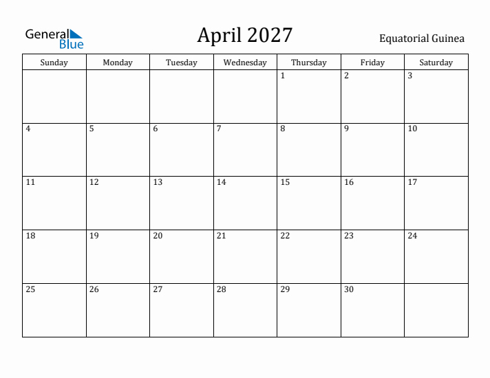 April 2027 Calendar Equatorial Guinea
