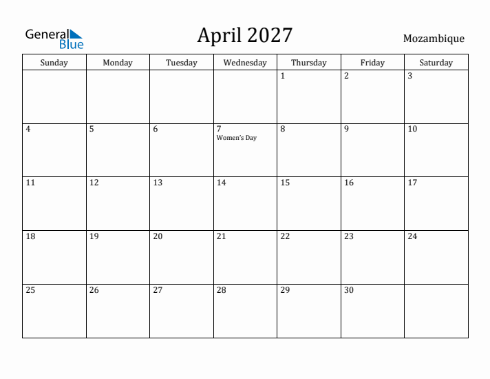 April 2027 Calendar Mozambique