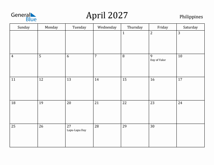 April 2027 Calendar Philippines