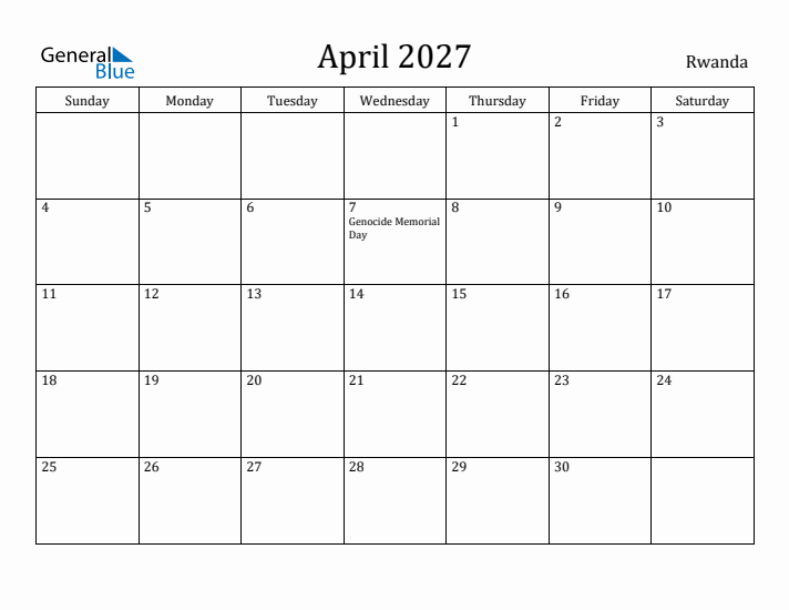 April 2027 Calendar Rwanda
