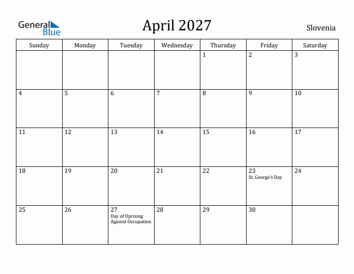 April 2027 Calendar Slovenia