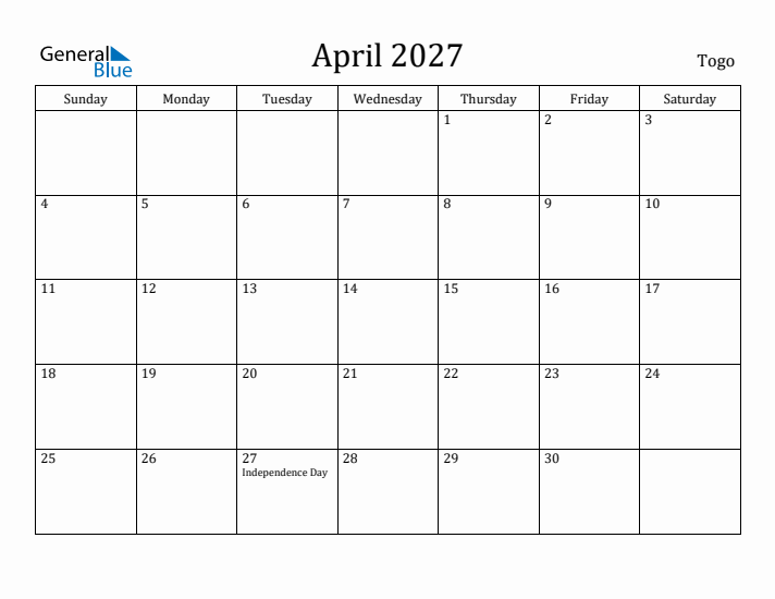 April 2027 Calendar Togo