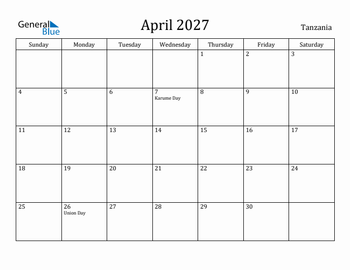 April 2027 Calendar Tanzania