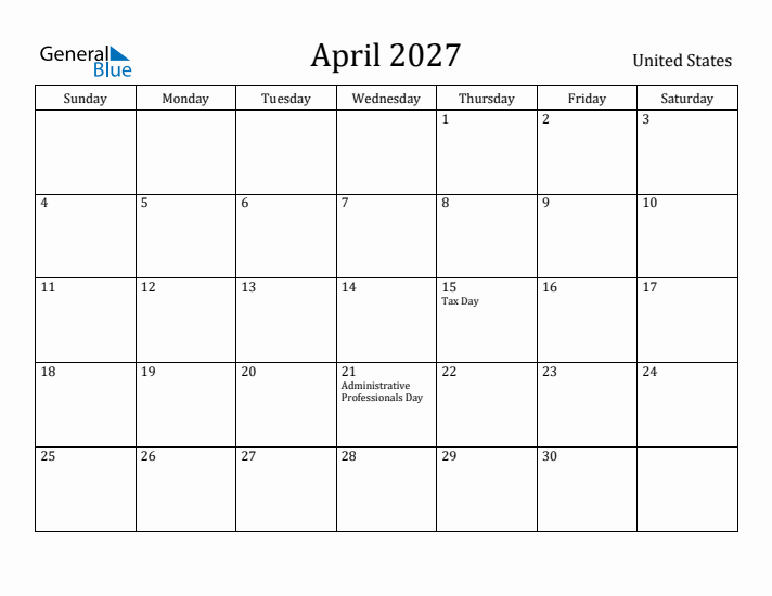April 2027 Calendar United States