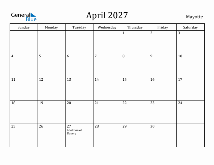 April 2027 Calendar Mayotte