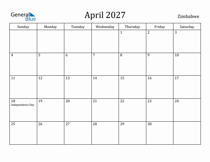April 2027 Calendar Zimbabwe