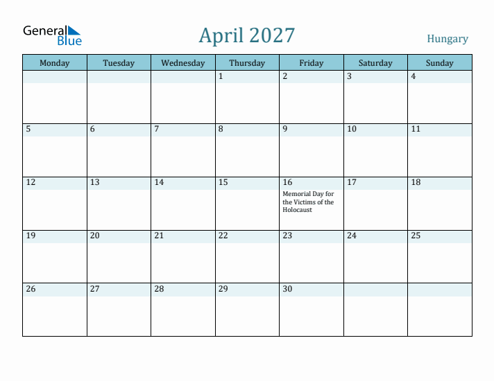 April 2027 Calendar with Holidays