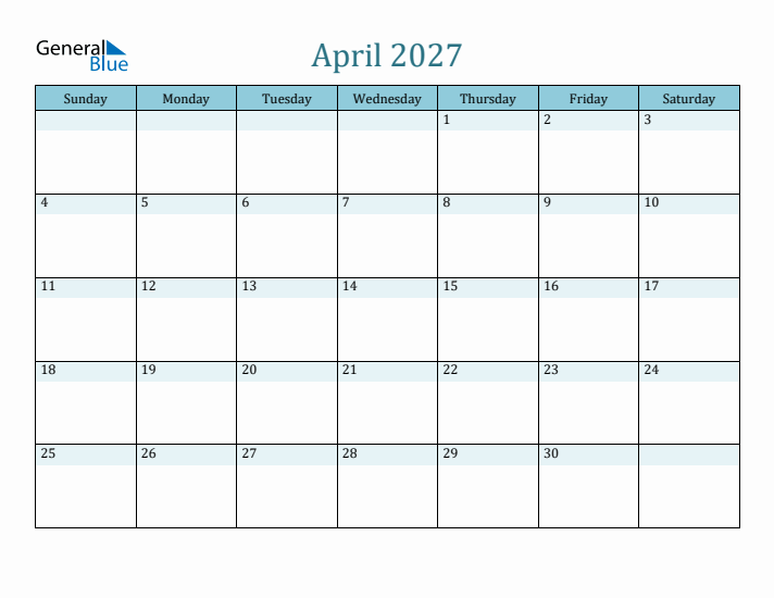 April 2027 Printable Calendar