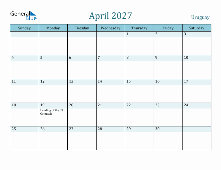 April 2027 Calendar with Holidays