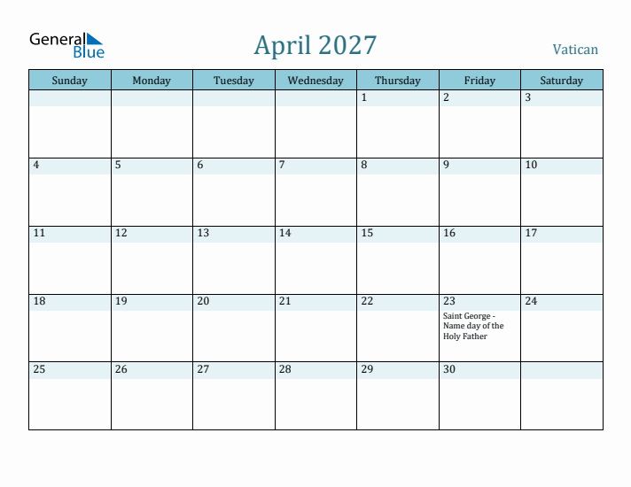 April 2027 Calendar with Holidays