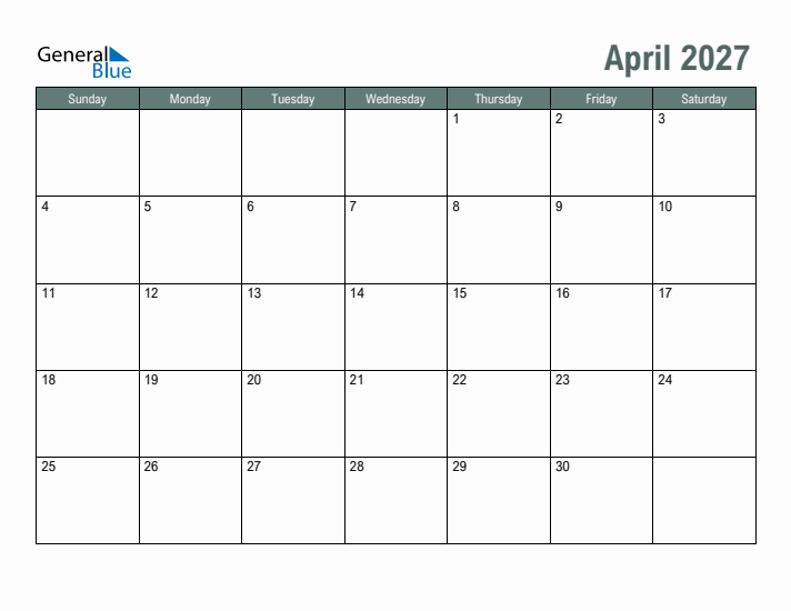 Free Printable April 2027 Calendar