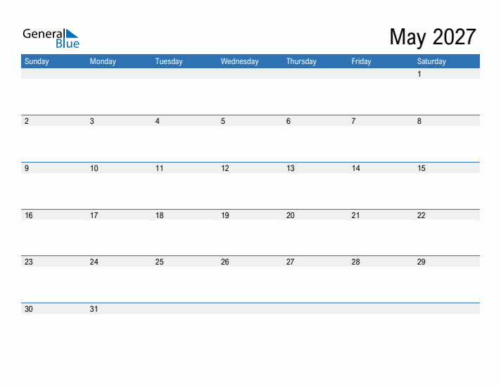 Fillable Calendar for May 2027