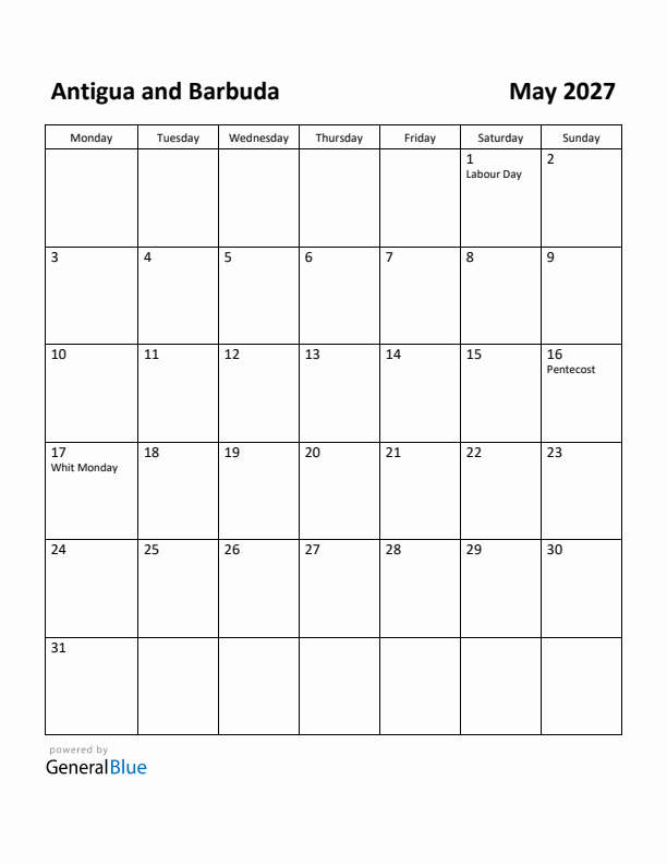 May 2027 Calendar with Antigua and Barbuda Holidays