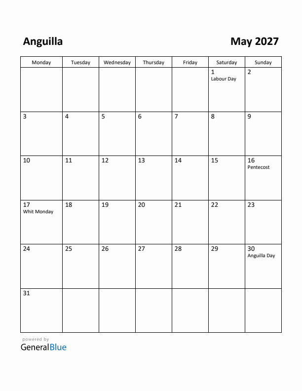 May 2027 Calendar with Anguilla Holidays