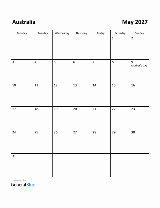 May 2027 Calendar with Australia Holidays