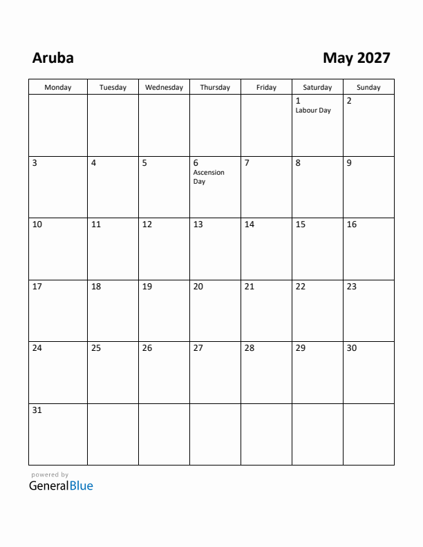 May 2027 Calendar with Aruba Holidays