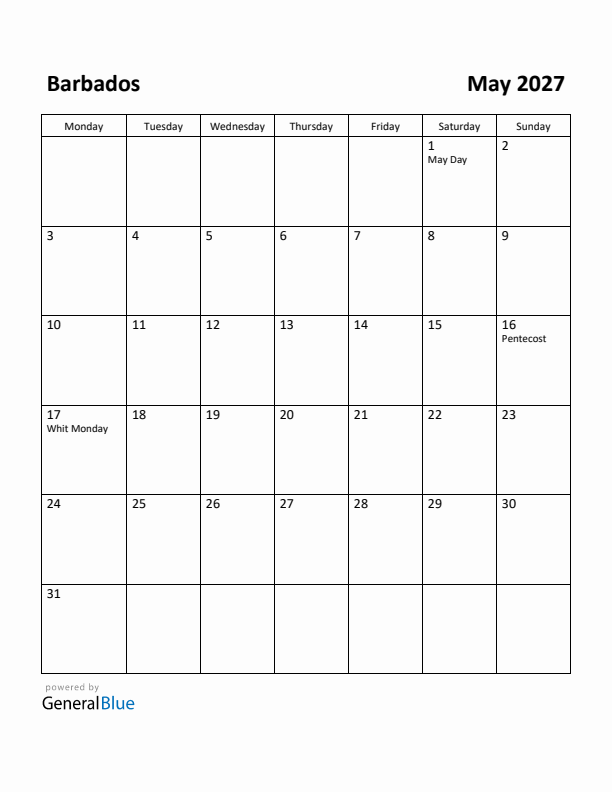 May 2027 Calendar with Barbados Holidays