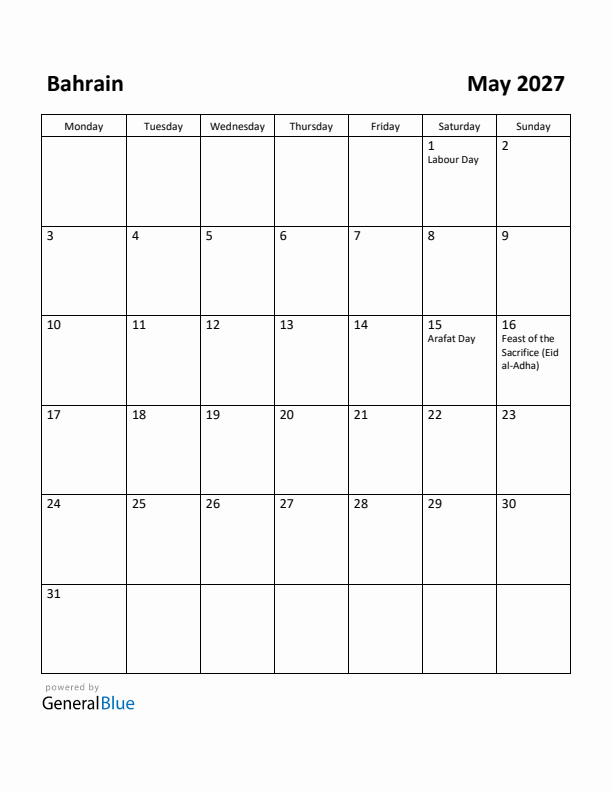 May 2027 Calendar with Bahrain Holidays