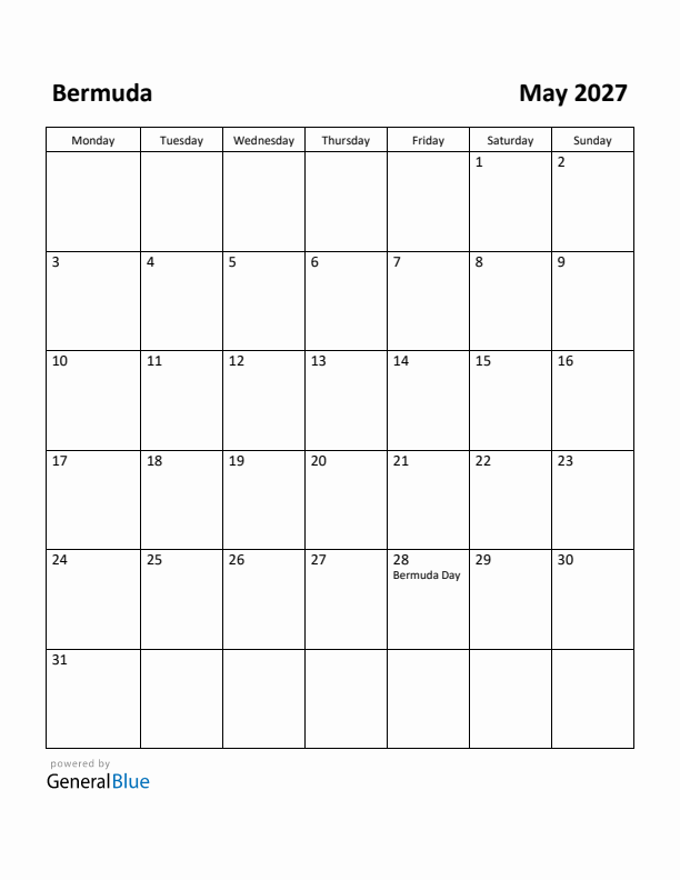 May 2027 Calendar with Bermuda Holidays