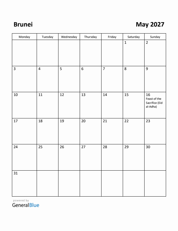 May 2027 Calendar with Brunei Holidays