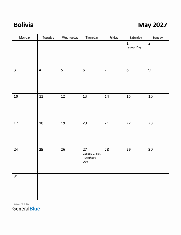 May 2027 Calendar with Bolivia Holidays