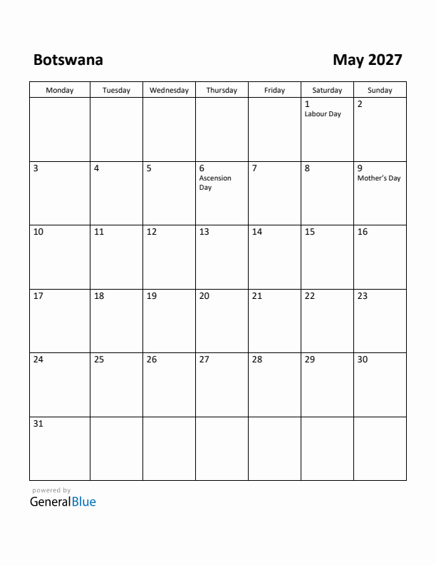 May 2027 Calendar with Botswana Holidays