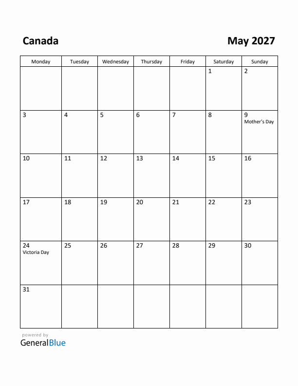 May 2027 Calendar with Canada Holidays