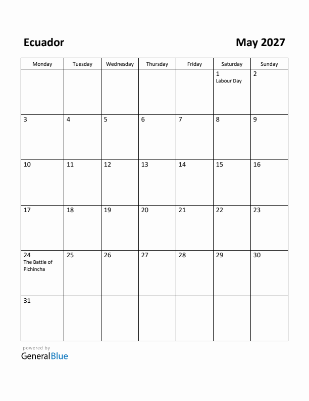 May 2027 Calendar with Ecuador Holidays
