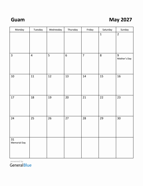 May 2027 Calendar with Guam Holidays