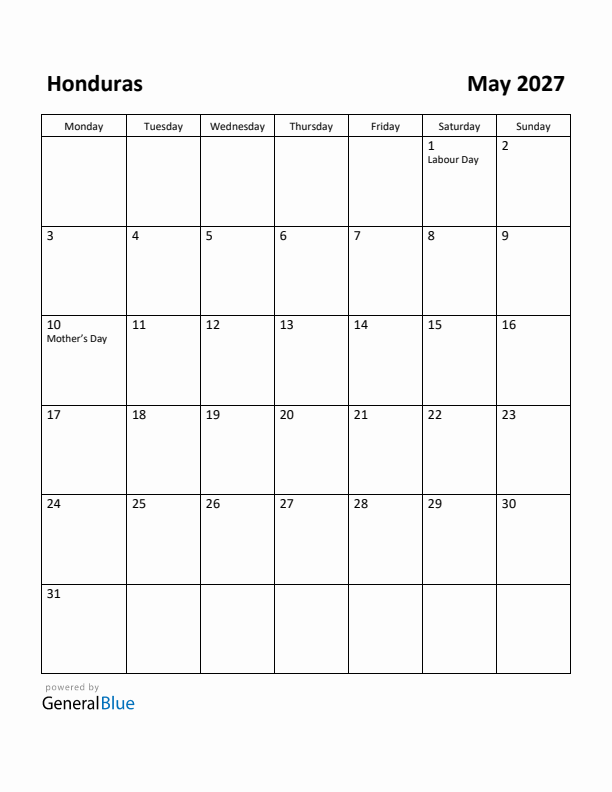 May 2027 Calendar with Honduras Holidays