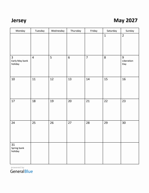 May 2027 Calendar with Jersey Holidays