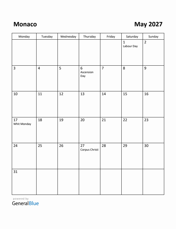 May 2027 Calendar with Monaco Holidays