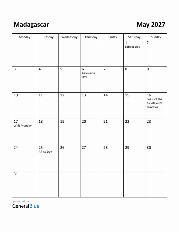 May 2027 Calendar with Madagascar Holidays