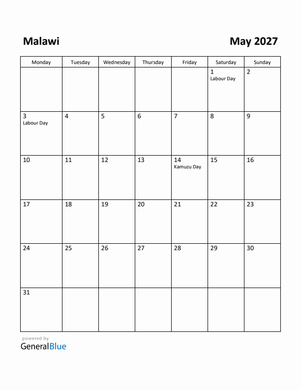 May 2027 Calendar with Malawi Holidays