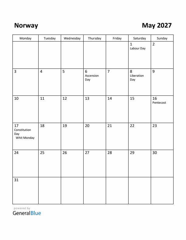May 2027 Calendar with Norway Holidays