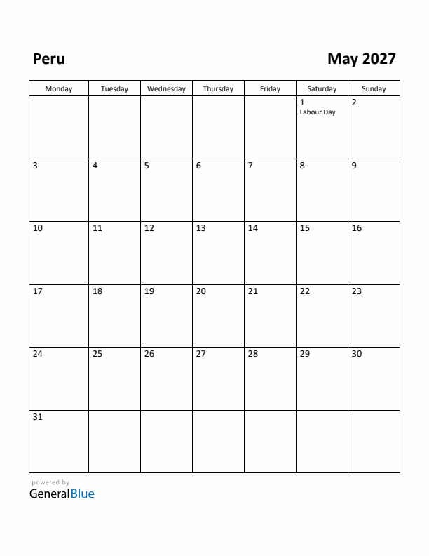 May 2027 Calendar with Peru Holidays