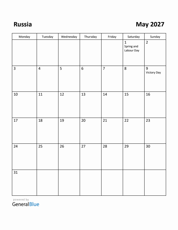 May 2027 Calendar with Russia Holidays