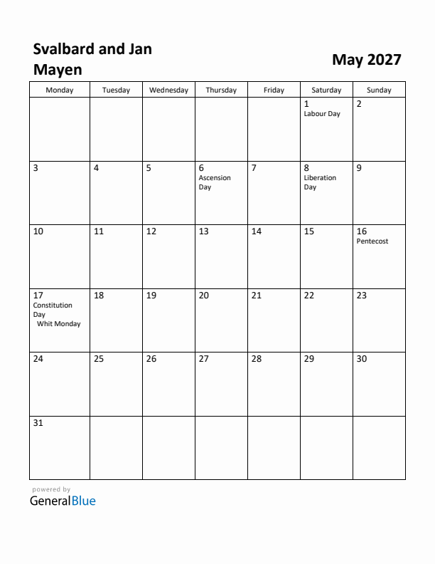 May 2027 Calendar with Svalbard and Jan Mayen Holidays
