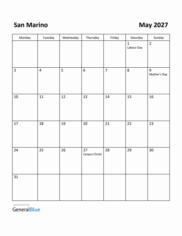 May 2027 Calendar with San Marino Holidays