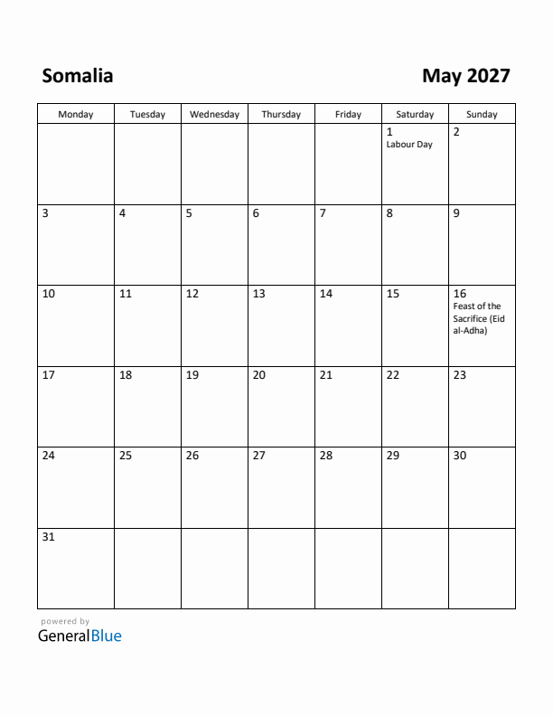 May 2027 Calendar with Somalia Holidays