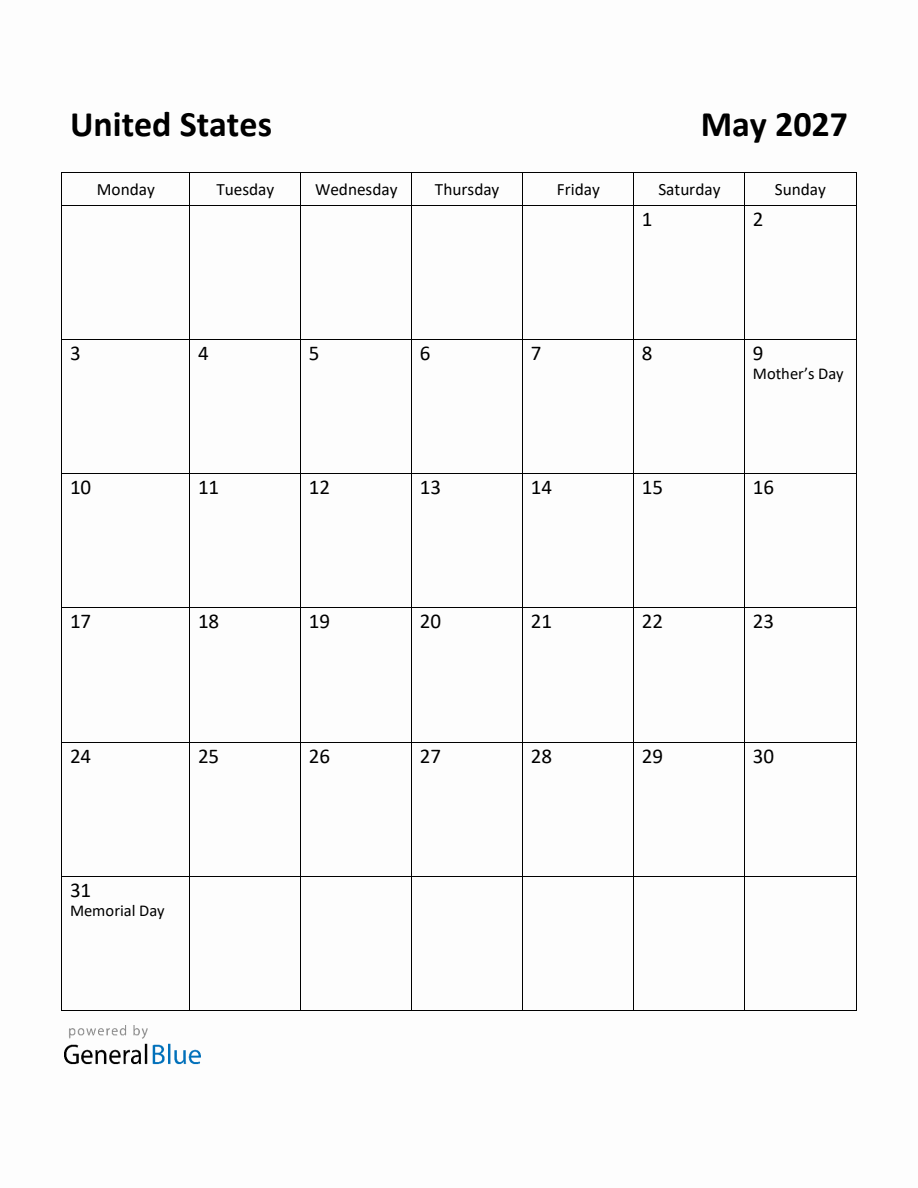 Free Printable May 2027 Calendar For United States