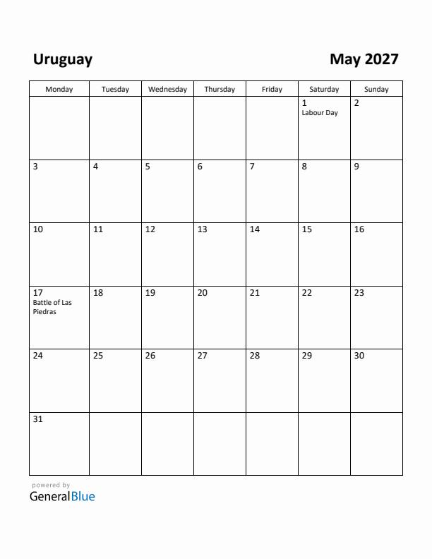 May 2027 Calendar with Uruguay Holidays
