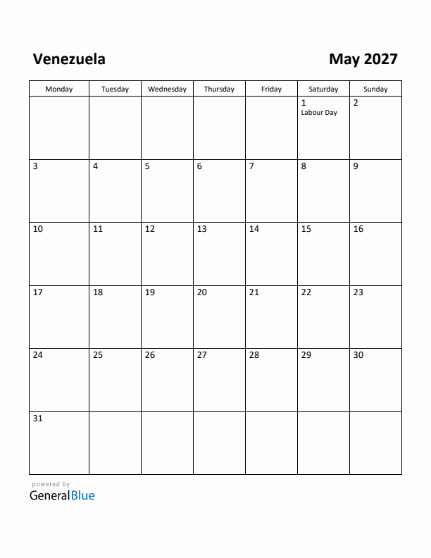 May 2027 Calendar with Venezuela Holidays