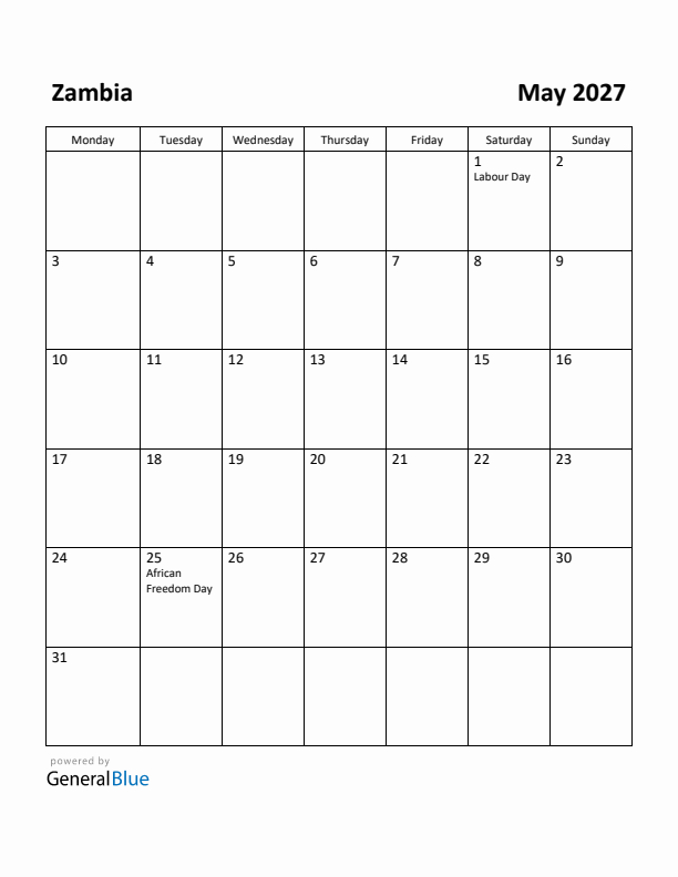 May 2027 Calendar with Zambia Holidays