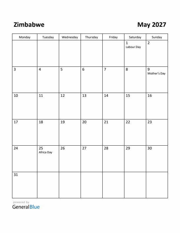 May 2027 Calendar with Zimbabwe Holidays