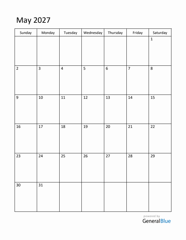 Sunday Start Calendar for May 2027