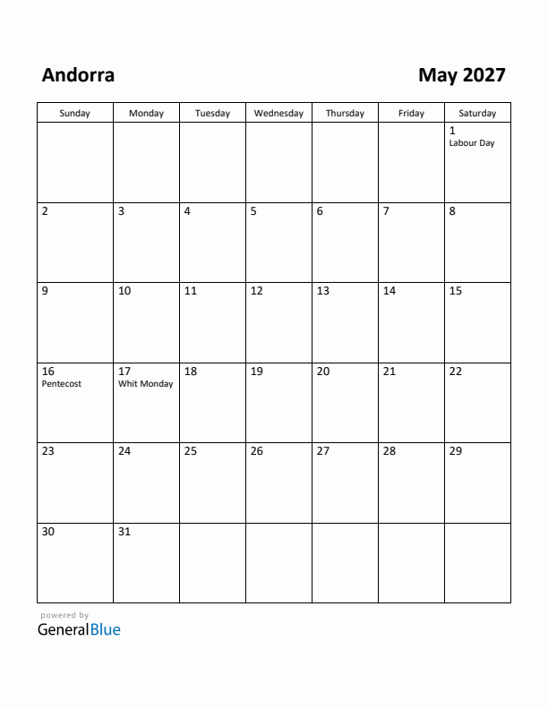 May 2027 Calendar with Andorra Holidays