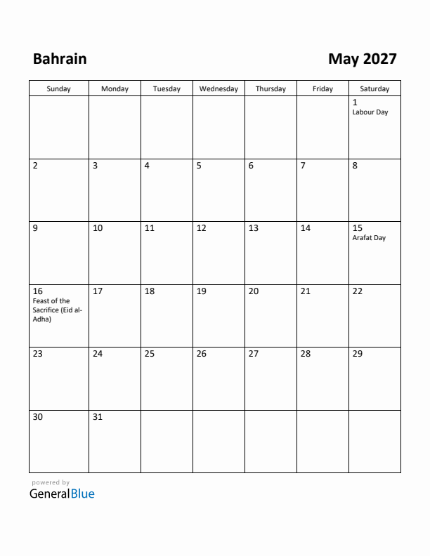 May 2027 Calendar with Bahrain Holidays