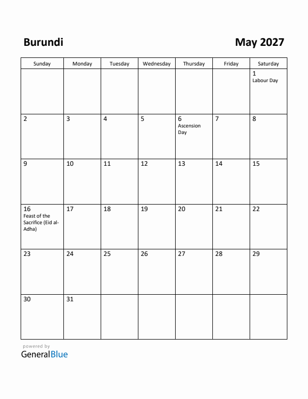 May 2027 Calendar with Burundi Holidays